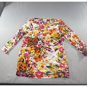 Lynn Ritchie Silver Women’s Large Floral Top 3/4 Sleeve Multicolor sheer knit